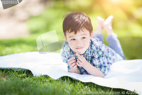 Image of Mixed Race Chinese and Caucasian Young Boy Relaxing Outside On T