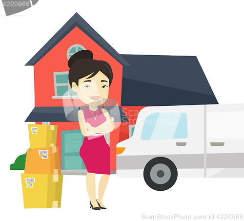 Image of Woman moving to house vector illustration.