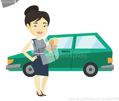 Image of Woman holding keys to her new car.