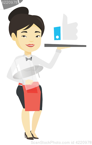 Image of Waitress with like button vector illustration.