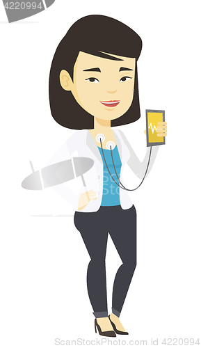 Image of Woman measuring heart rate pulse with smartphone.