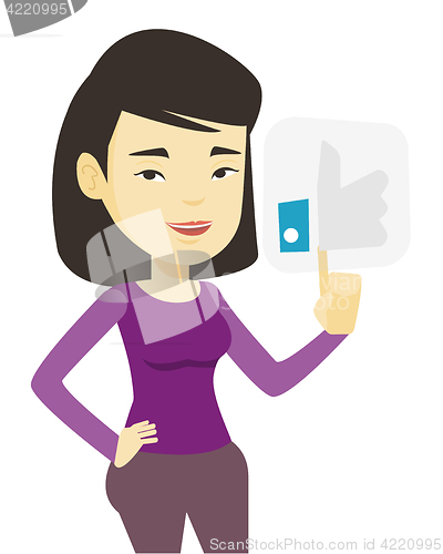 Image of Woman pressing like button vector illustration.