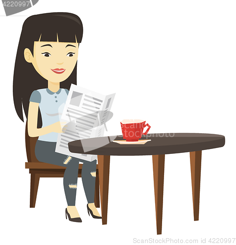 Image of Woman reading newspaper and drinking coffee.