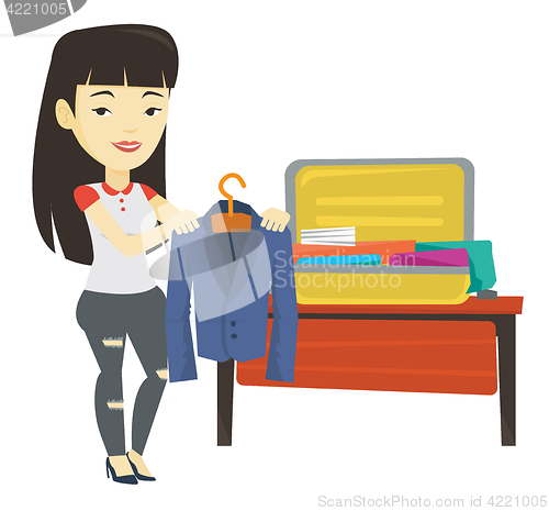 Image of Young woman packing suitcase vector illustration