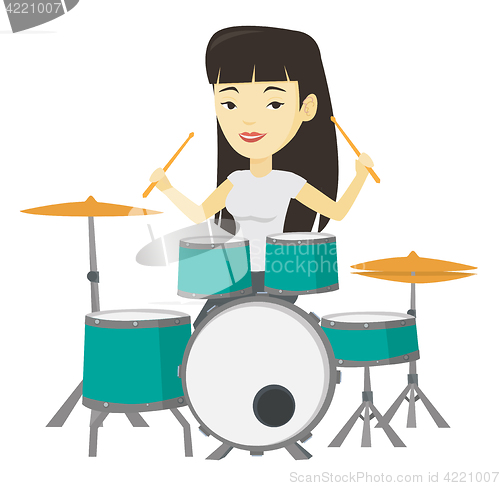 Image of Woman playing on drum kit vector illustration.