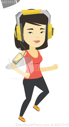 Image of Woman running with earphones and smartphone.