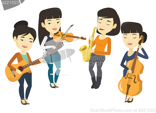Image of Band of musicians playing on musical instruments.
