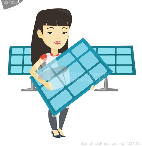 Image of Woman holding solar panel vector illustration.