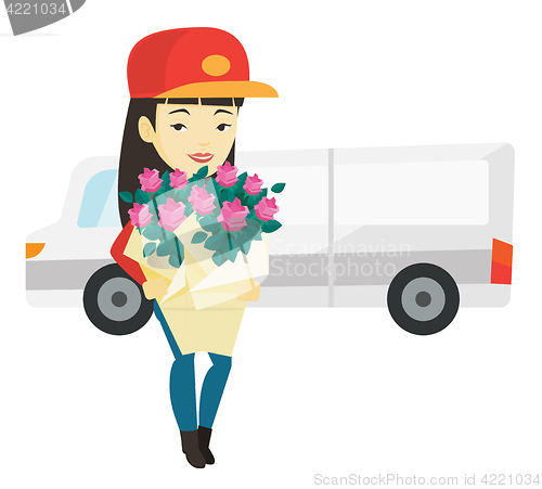 Image of Delivery courier holding bouquet of flowers.