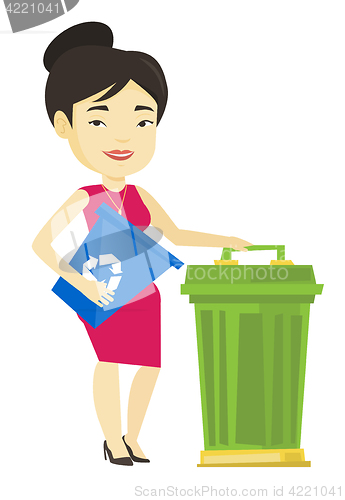 Image of Woman with recycle bin and trash can.