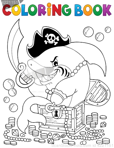 Image of Coloring book pirate shark with treasure