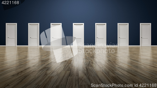 Image of a room with seven doors to choose