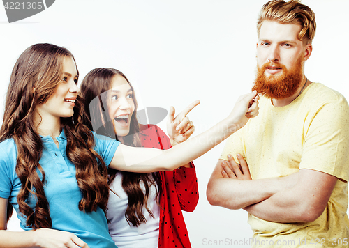 Image of company of hipster guys, bearded red hair boy and girls students having fun together friends, diverse fashion style, lifestyle people concept isolated on white background