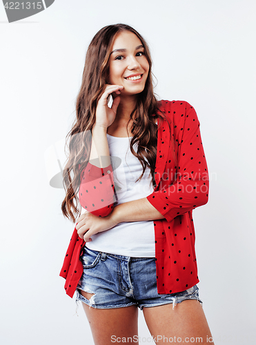 Image of young pretty teenager brunette girl happy smiling emotional posing on white background, lifestyle people concept