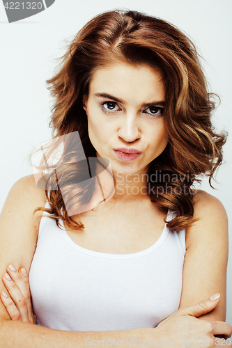 Image of young pretty brunette woman emotional posing, happy smiling isolated on white background, lifestyle people concept 