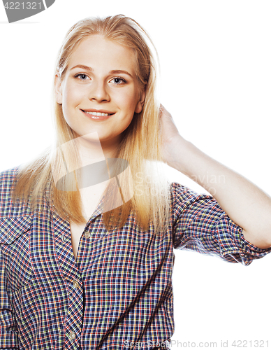 Image of pretty young curly blond teenage girl hipster emotional posing happy smiling on white background, lifestyle people concept 