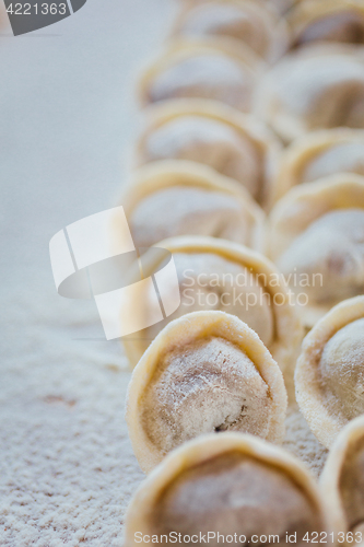 Image of Rows of freshly made meat pockets