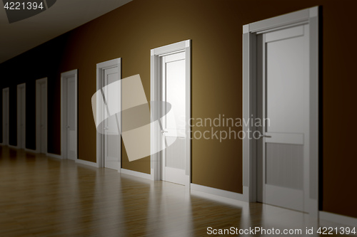 Image of a room with seven doors to choose