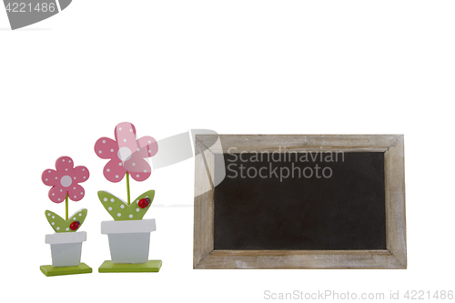 Image of Beautiful flowers and blank blackboard