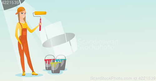 Image of Painter holding paint roller vector illustration.