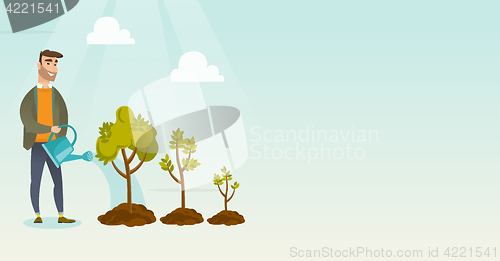 Image of Business woman watering trees vector illustration.