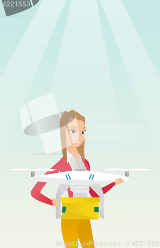 Image of Woman controlling delivery drone with post package