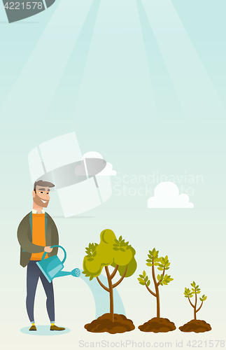 Image of Business woman watering trees vector illustration.