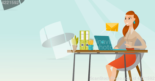 Image of Business woman receiving or sending email.