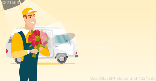 Image of Delivery courier holding bouquet of flowers.