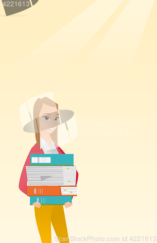 Image of Woman holding pile of books vector illustration.