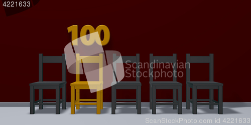 Image of number one hundred and row of chairs - 3d rendering