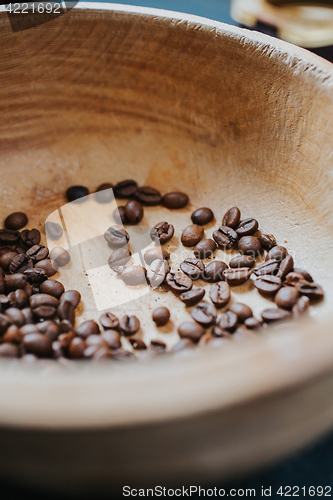 Image of Coffee beans in wooden bowl