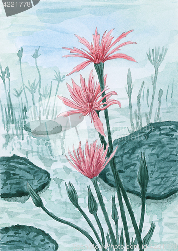 Image of Fantasy red flowers over water surface with leaves and plants