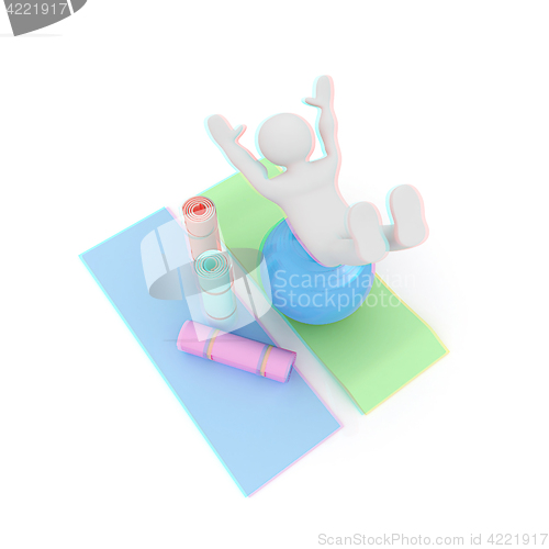 Image of 3d man on a karemat with fitness ball. 3D illustration. Anaglyph