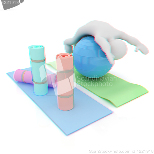 Image of 3d man on a karemat with fitness ball. 3D illustration. Anaglyph