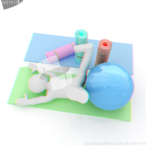 Image of 3d man on a karemat with fitness ball. 3D illustration. Anaglyph