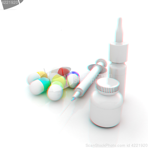 Image of Syringe, tablet, pill jar. 3D illustration. Anaglyph. View with 