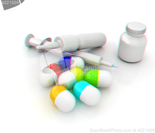 Image of Syringe, tablet, pill jar. 3D illustration. Anaglyph. View with 