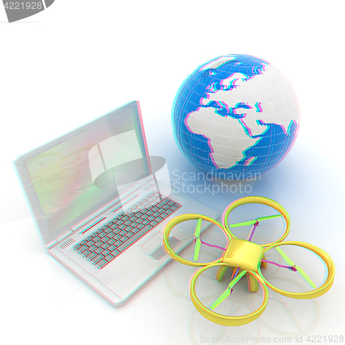 Image of Drone or quadrocopter with camera with laptop. Network, online, 