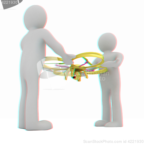 Image of 3d man with drone, quadrocopter, with photo camera. 3d render. 3