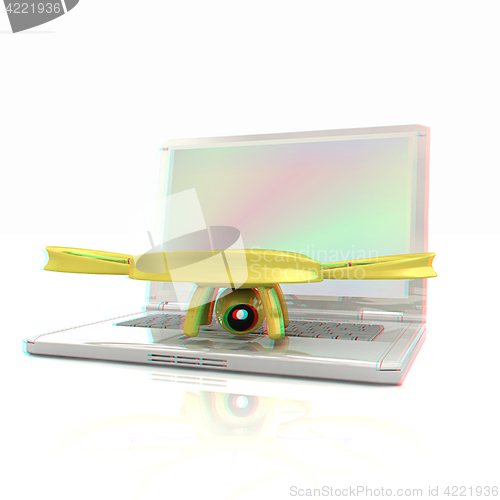 Image of Drone and laptop. 3D render. Anaglyph. View with red/cyan glasse