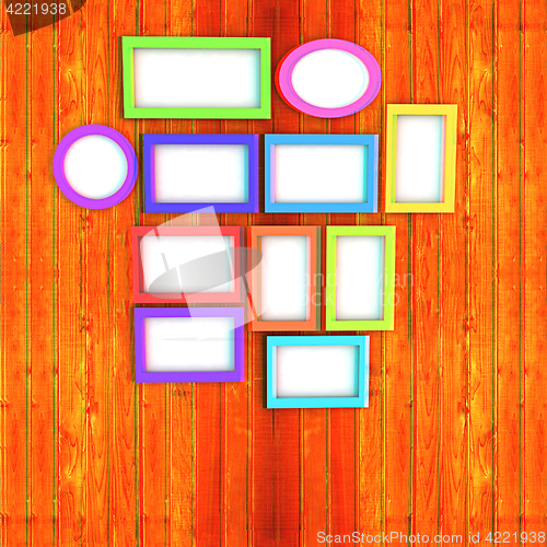Image of Mock up picture frames on wood wall. 3d illustration. Anaglyph. 