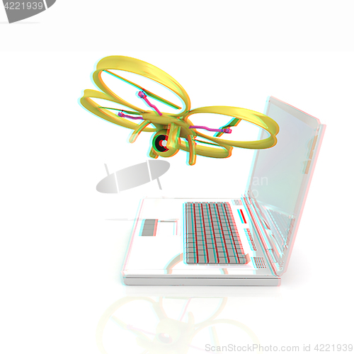 Image of Drone and laptop. 3D render. Anaglyph. View with red/cyan glasse