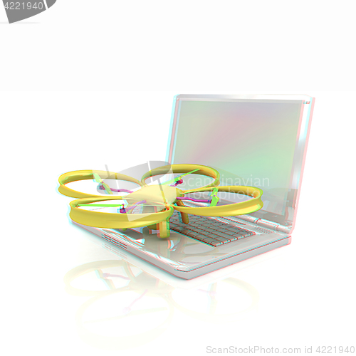 Image of Drone and laptop. 3D render. Anaglyph. View with red/cyan glasse