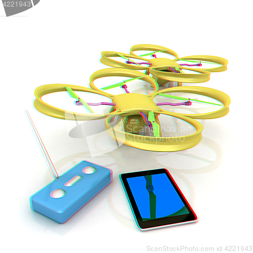 Image of Drone, remote controller and tablet PC. Anaglyph. View with red/