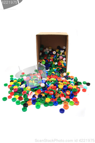 Image of plastic pet caps in paper box