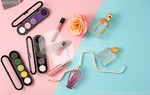 Image of Cosmetics on modern colorful background