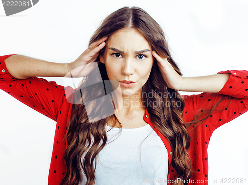 Image of young pretty teenage hipster girl posing emotional happy smiling on white background, lifestyle people concept 