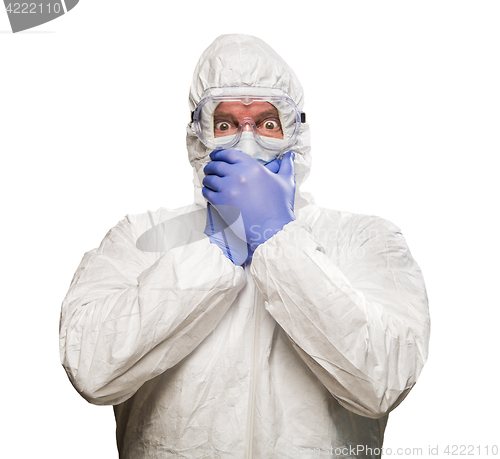 Image of Man Covering Mouth With Hands Wearing HAZMAT Protective Clothing