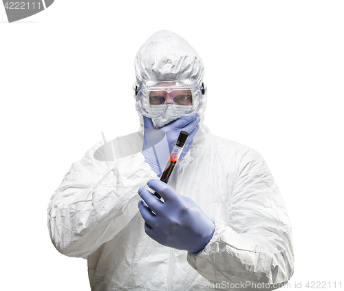 Image of Man Wearing HAZMAT Protective Clothing Holding Test Tube Filled 
